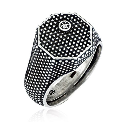 Burnished 925 silver shield ring with natural white diamond and dévoré motif - ZAU019D-LM