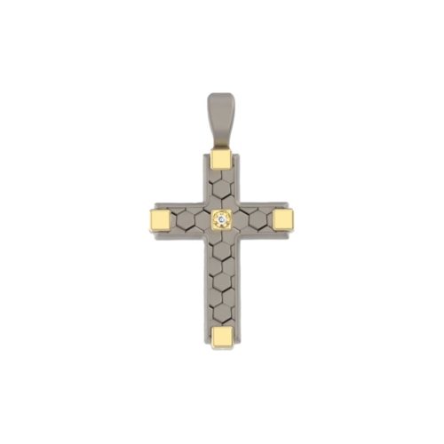 Cross pendant in 18 kt gold and titanium, hexagonal honeycomb texture with central stone - PTU007