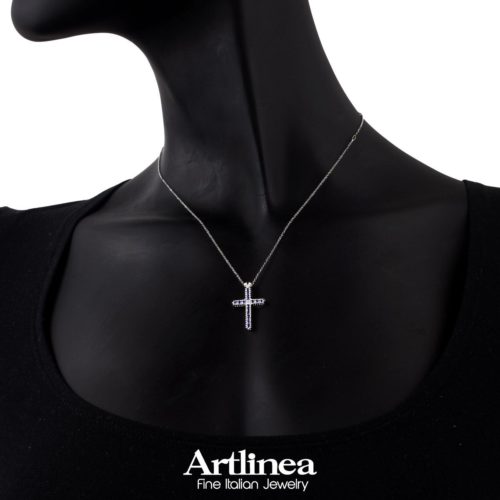 Cross necklace with diamonds and precious stones measuring 2.00 mm