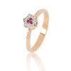 Solitaire flower ring in 18 kt gold with natural white diamonds and precious stones