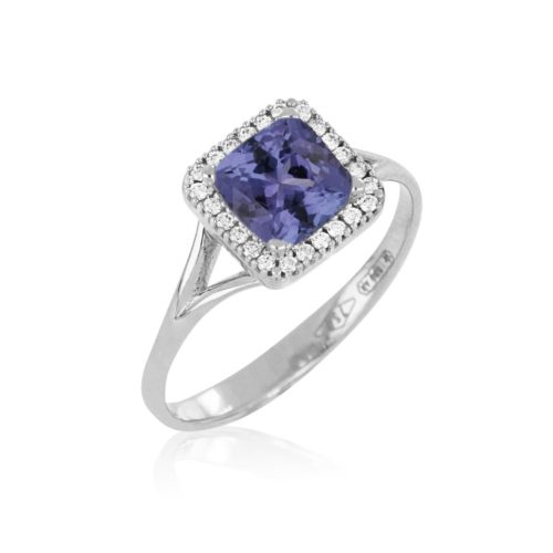 18kt white gold ring with cushion cut diamonds and tanzanite - AD1020/TZ-LB