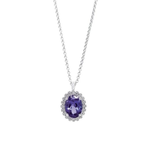 18kt white gold necklace with oval cut diamonds and tanzanite - CD481/TZ-LB
