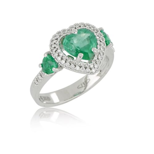 18kt Rhodium-Plated White Gold Ring with Natural Emeralds and Diamonds - AD921/SM-LB