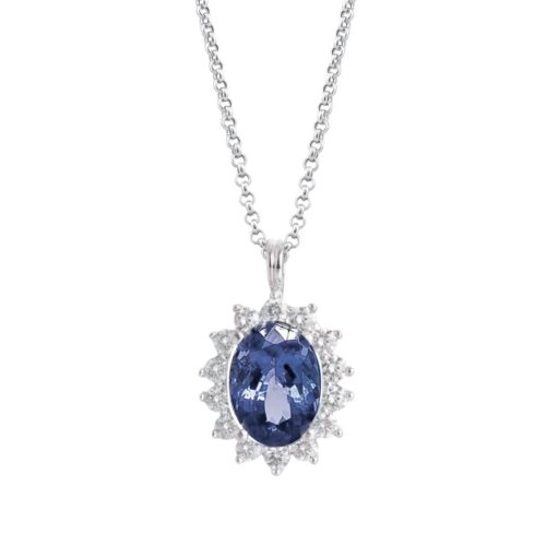 18kt white gold necklace with oval cut diamonds and tanzanite