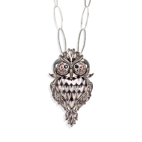 Owl necklace, in 925 silver, burnished, black and white enamel, cubic zirconia - ZCL939-ML